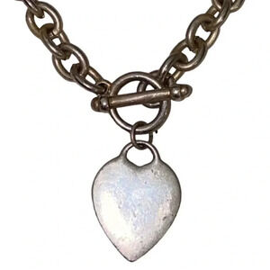Silver Tone Heart Dangle Charm Toggle Curb Chain Bracelet